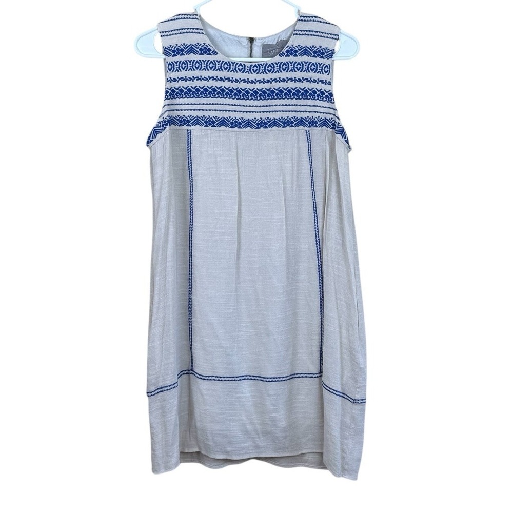 Vanessa Virginia Shift Dress Women's Sz Small Tan Blue‎ Embroidered Sleeveless